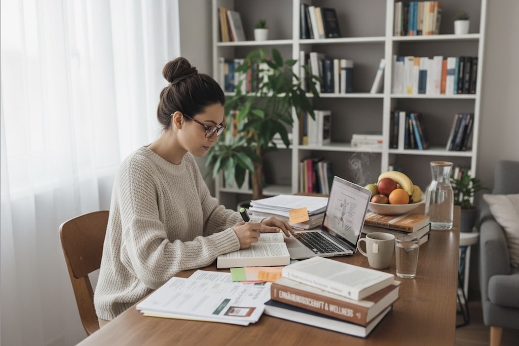 Grundqualifikation als Ernährungsberater sichern. Angehende Ernährungsberaterin lernt für Prüfung am Schreibtisch mit Laptop, Büchern und Scripten