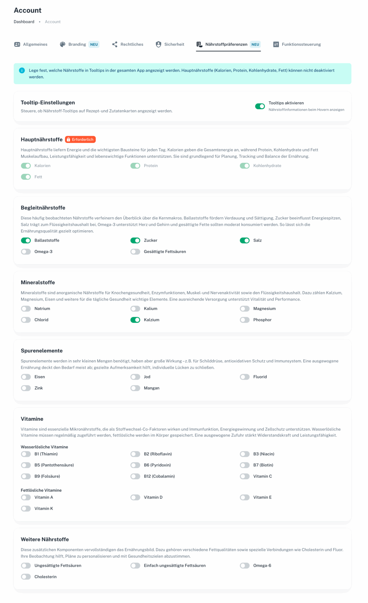 Nährstoffpräferenzen im Natty Gains Dashboard der Ernährungsberater-Software individuell festlegen