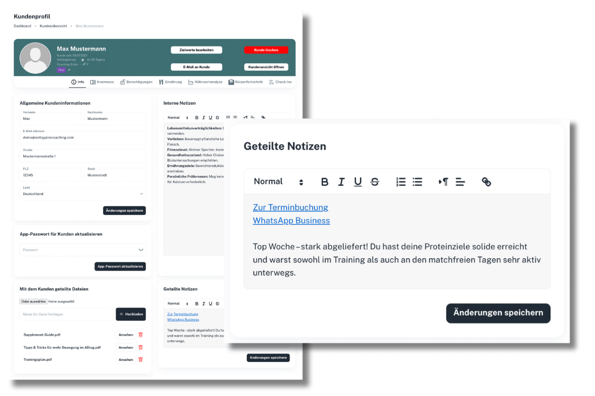 Notizen mit Kunden in der App teilen