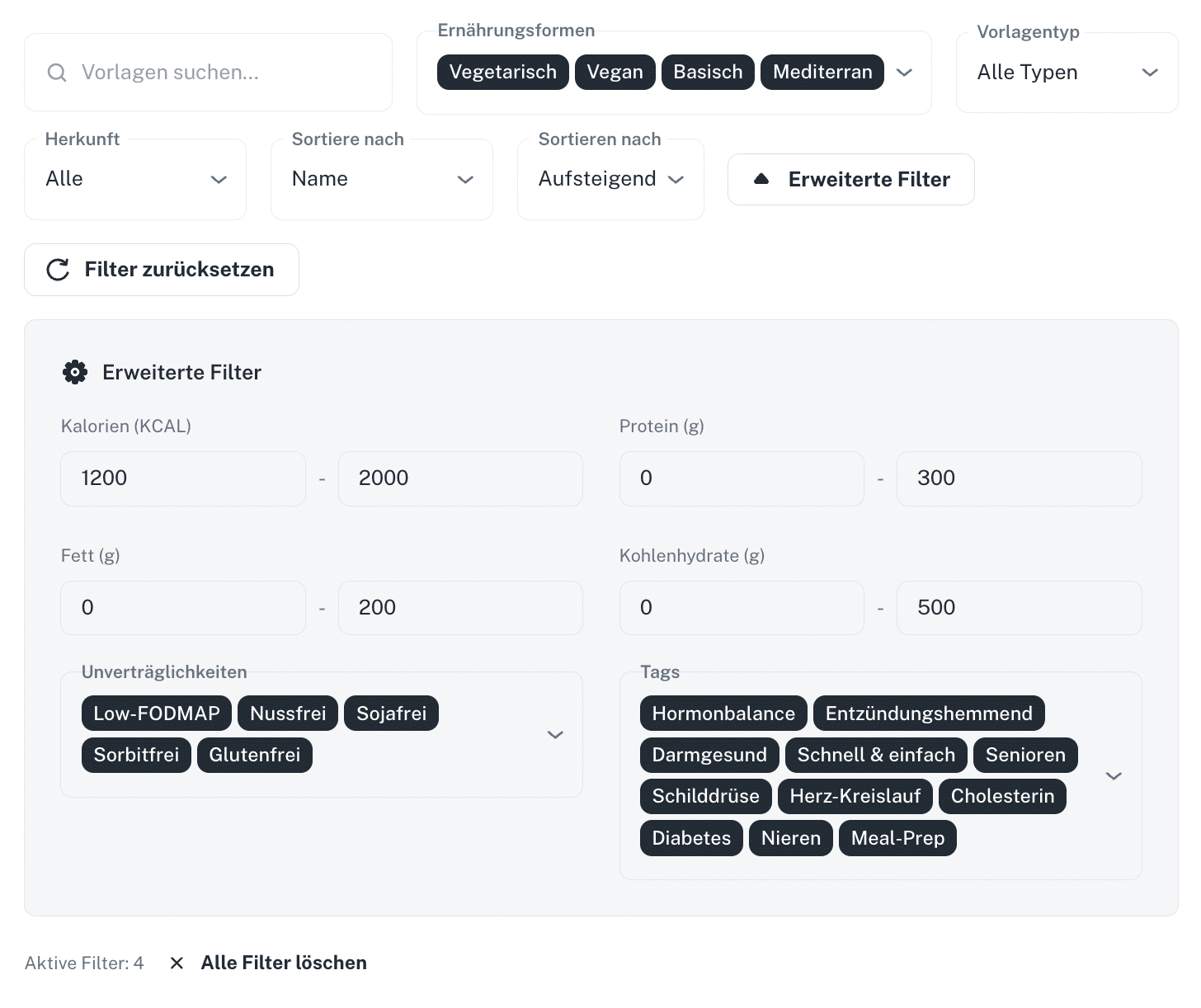Smarte Filter für Ernährungsplan-Vorlagen
