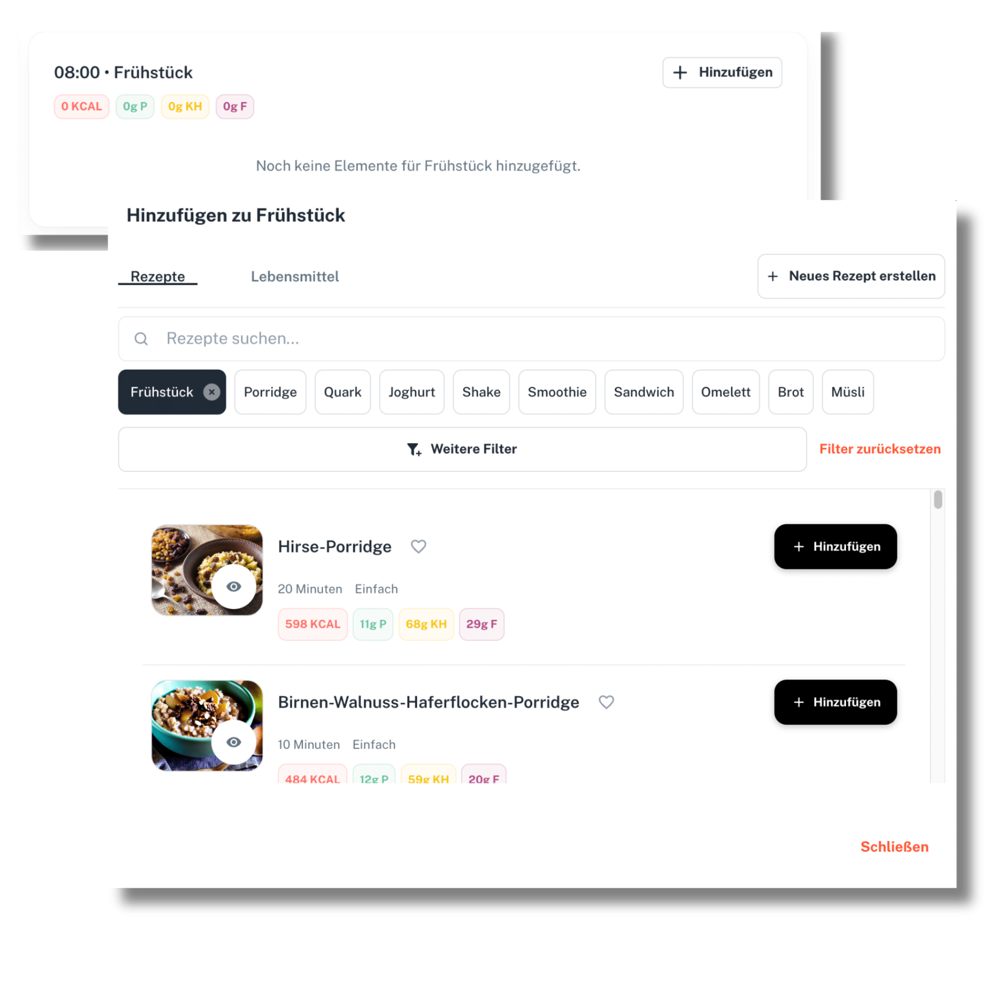 Elemente hinzufügen zur Ernährungsplan-Vorlage in der Natty Gains Software für Ernährungsberatung