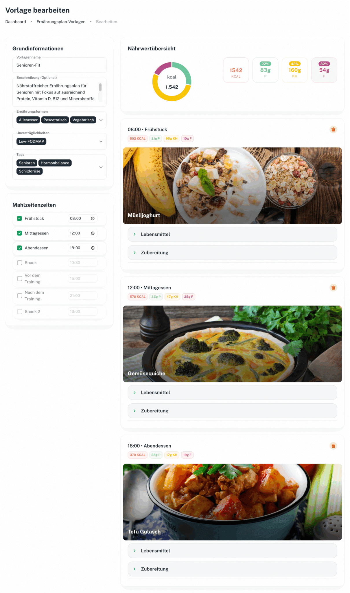 Ernährungsplan-Vorlagen im Dashboard erstellen + bearbeiten