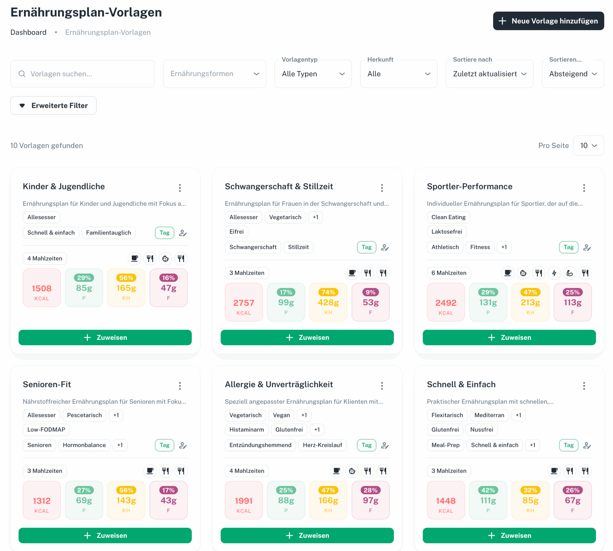 Ernährungsplan-Vorlagen in der Übersicht als neue Funktion in der Ernährungsberater-Software von Natty Gains