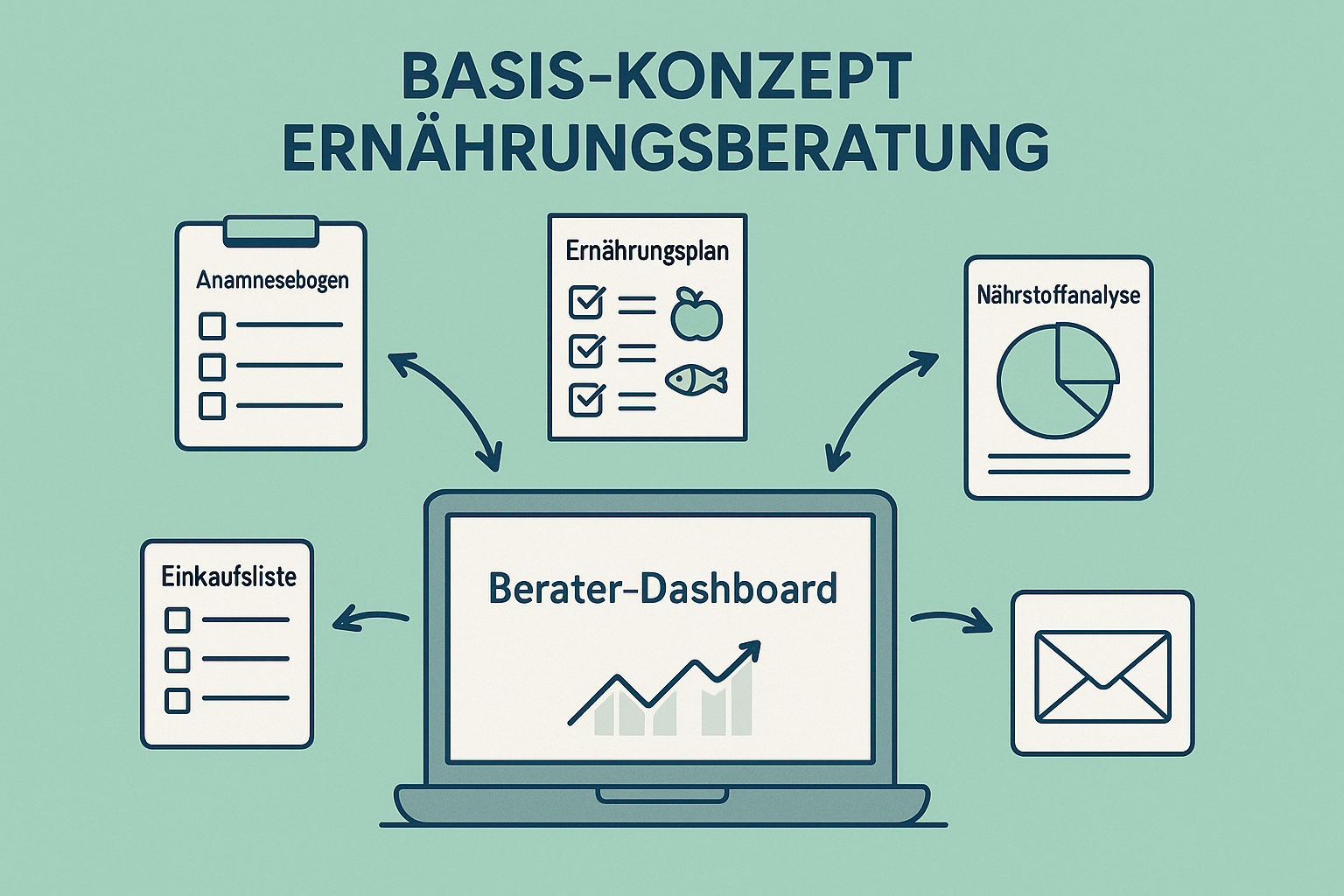 Grafik zum Basis-Konzept Ernährungsberatung - Anamnesebogen, Ernährungsplan, Einkaufliste, Nährstoffanalyse und E-Mail-Support