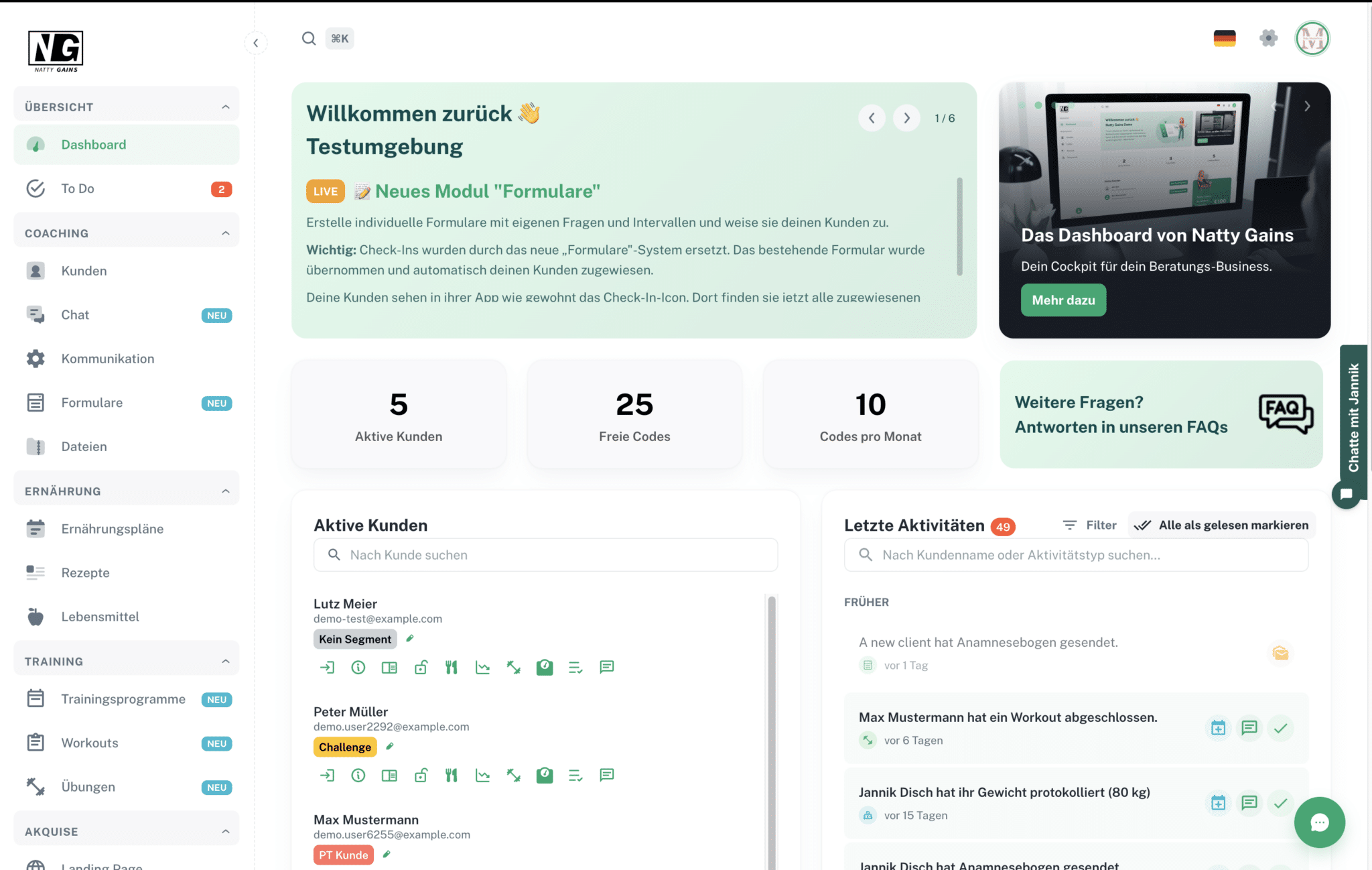 Coaching-Dashboard von Natty Gains